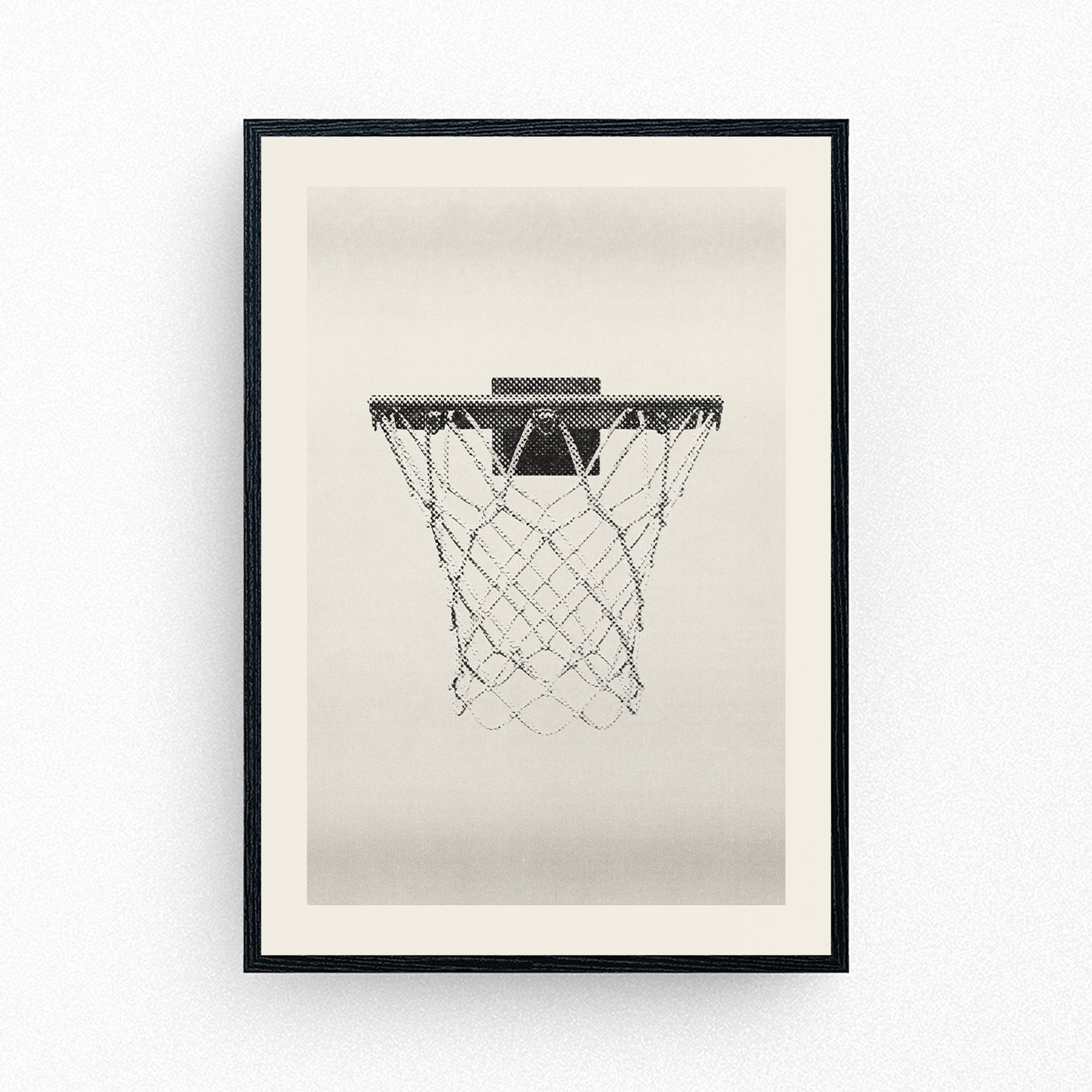 Framed minimalist print of a basketball hoop and net in halftone detail on neutral background.