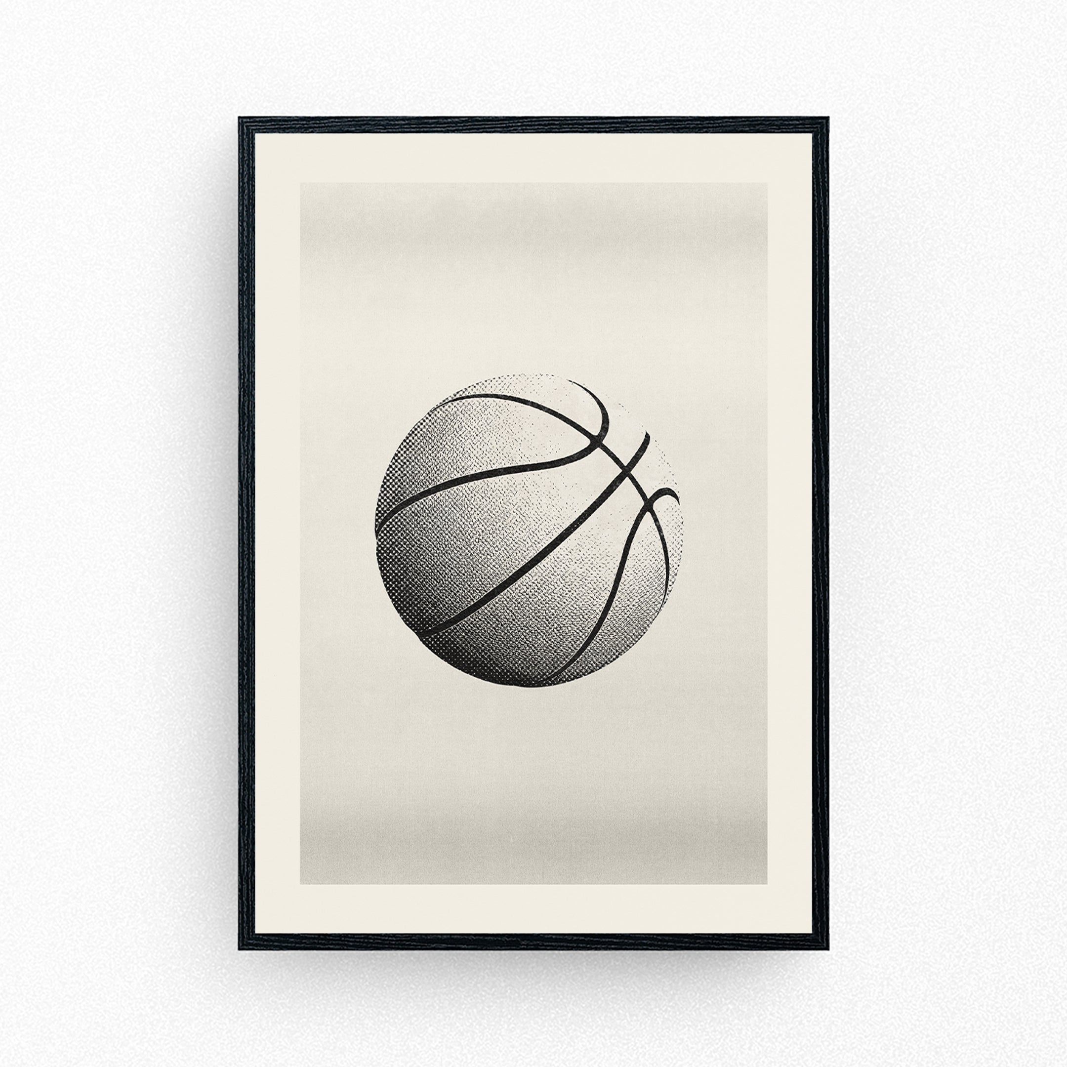 Minimalist basketball poster featuring a halftone-style hoop and net on a neutral background — clean, graphic wall art for sport-inspired interiors.