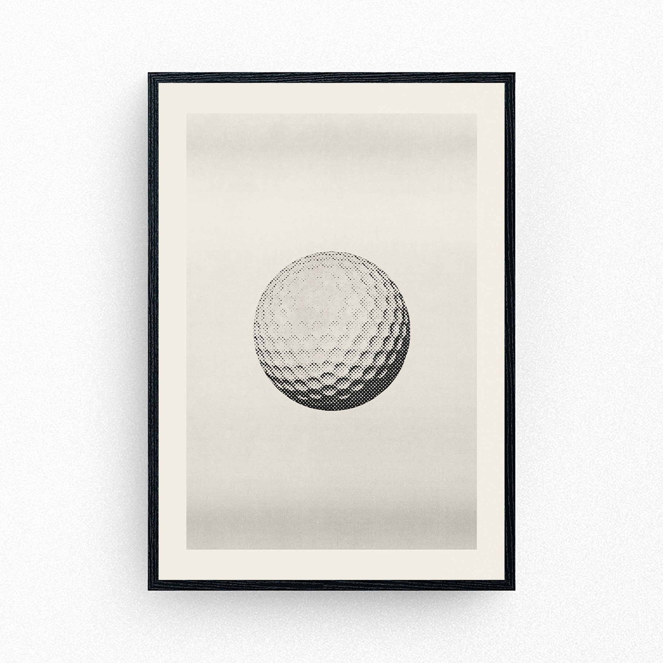 Minimalist poster of a classic dimpled golf ball with soft shading and vintage texture.
