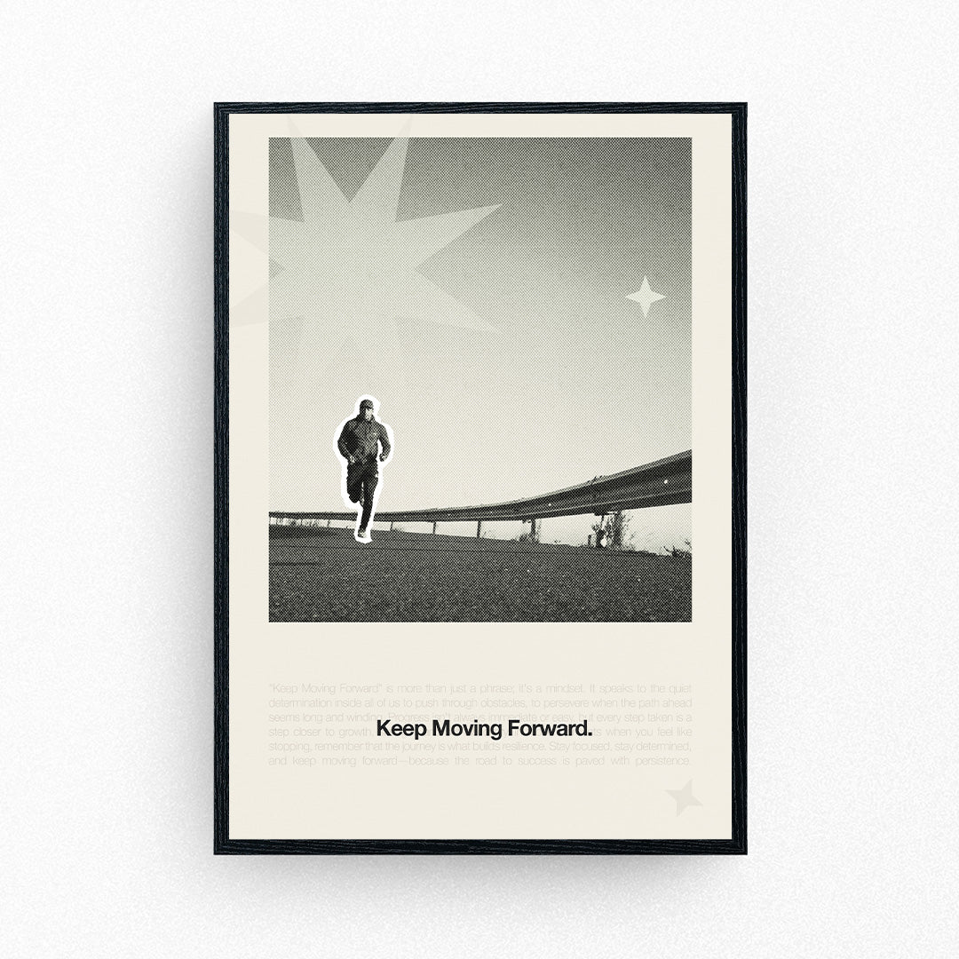 Framed motivational poster with a lone runner on an open road and bold text that reads 'Keep Moving Forward'