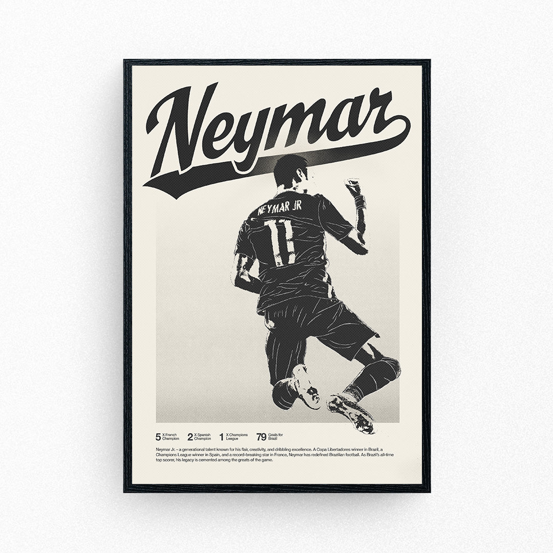 Framed Neymar football poster featuring a stylised silhouette of Neymar Jr. celebrating, with career stats and retro typography.