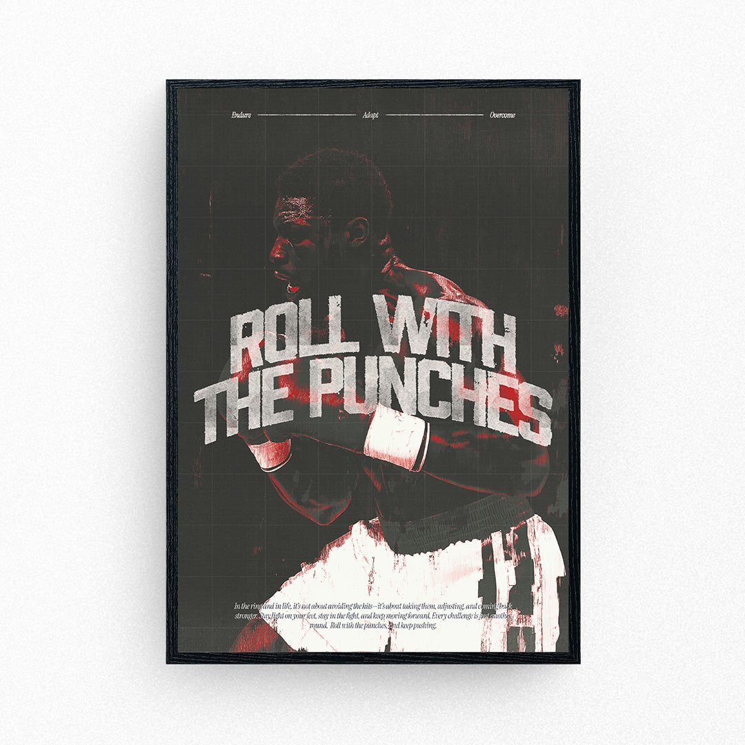 Boxing poster featuring a fighter in motion with bold distressed text that reads 'Roll With The Punches'.