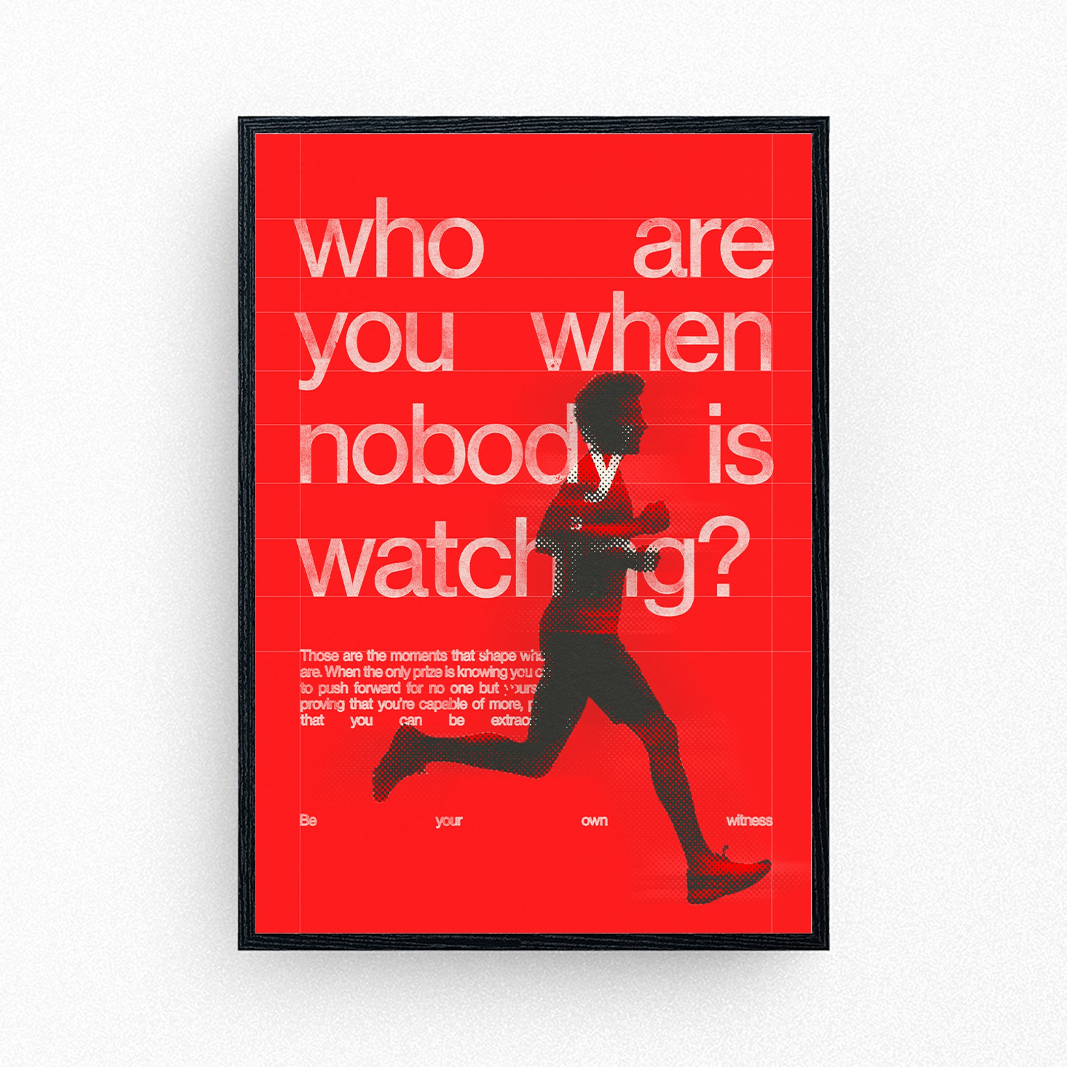 Motivational running poster with a red background, white typography, and silhouette of a runner.