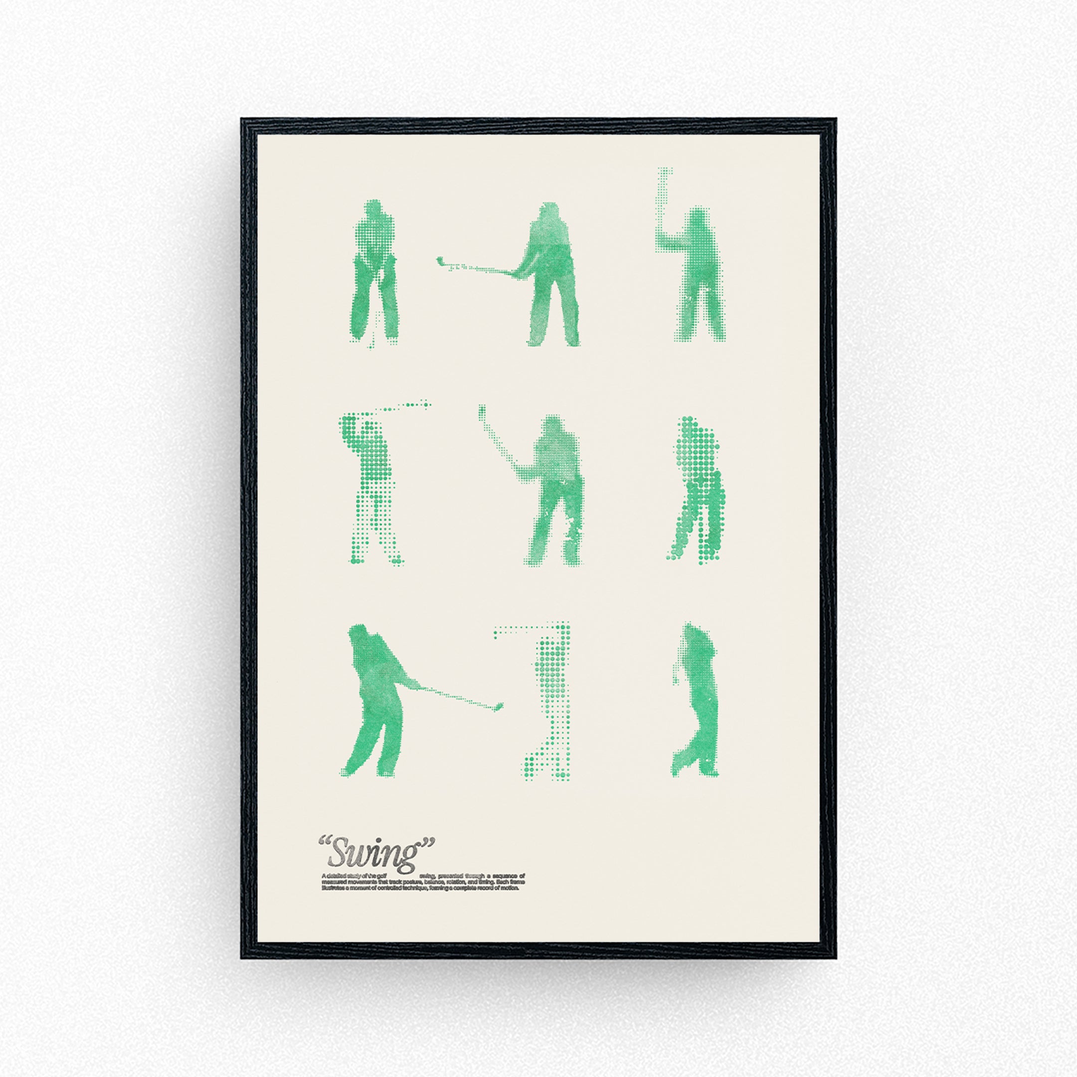 Fine art print showing a sequence of abstract green golf swing positions.
