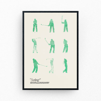 Fine art print showing a sequence of abstract green golf swing positions.