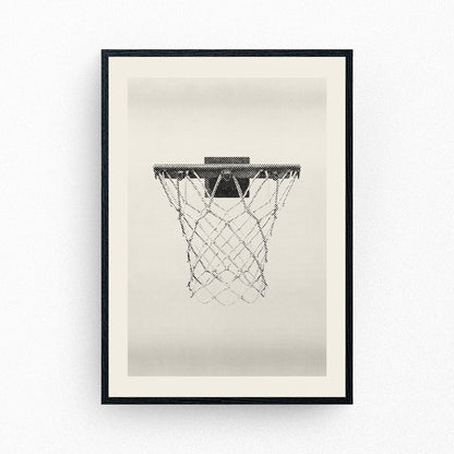 Framed minimalist print of a basketball hoop and net in halftone detail on neutral background.