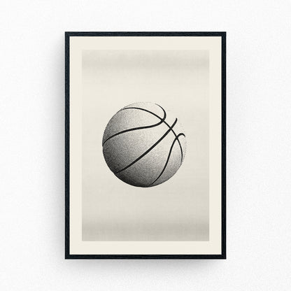 Minimalist basketball poster featuring a halftone-style hoop and net on a neutral background — clean, graphic wall art for sport-inspired interiors.