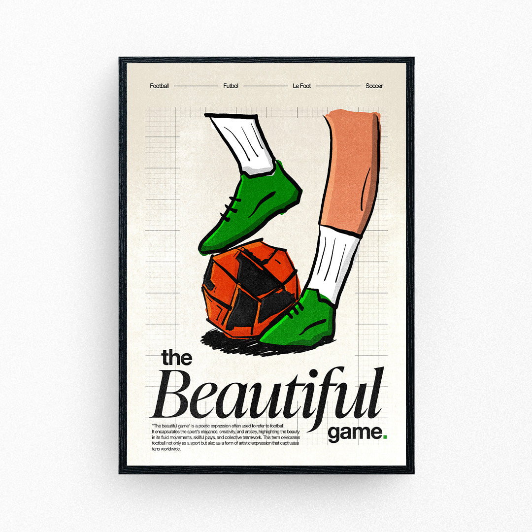 Illustrated football poster featuring green boots and a vintage ball, celebrating the essence of the beautiful game.