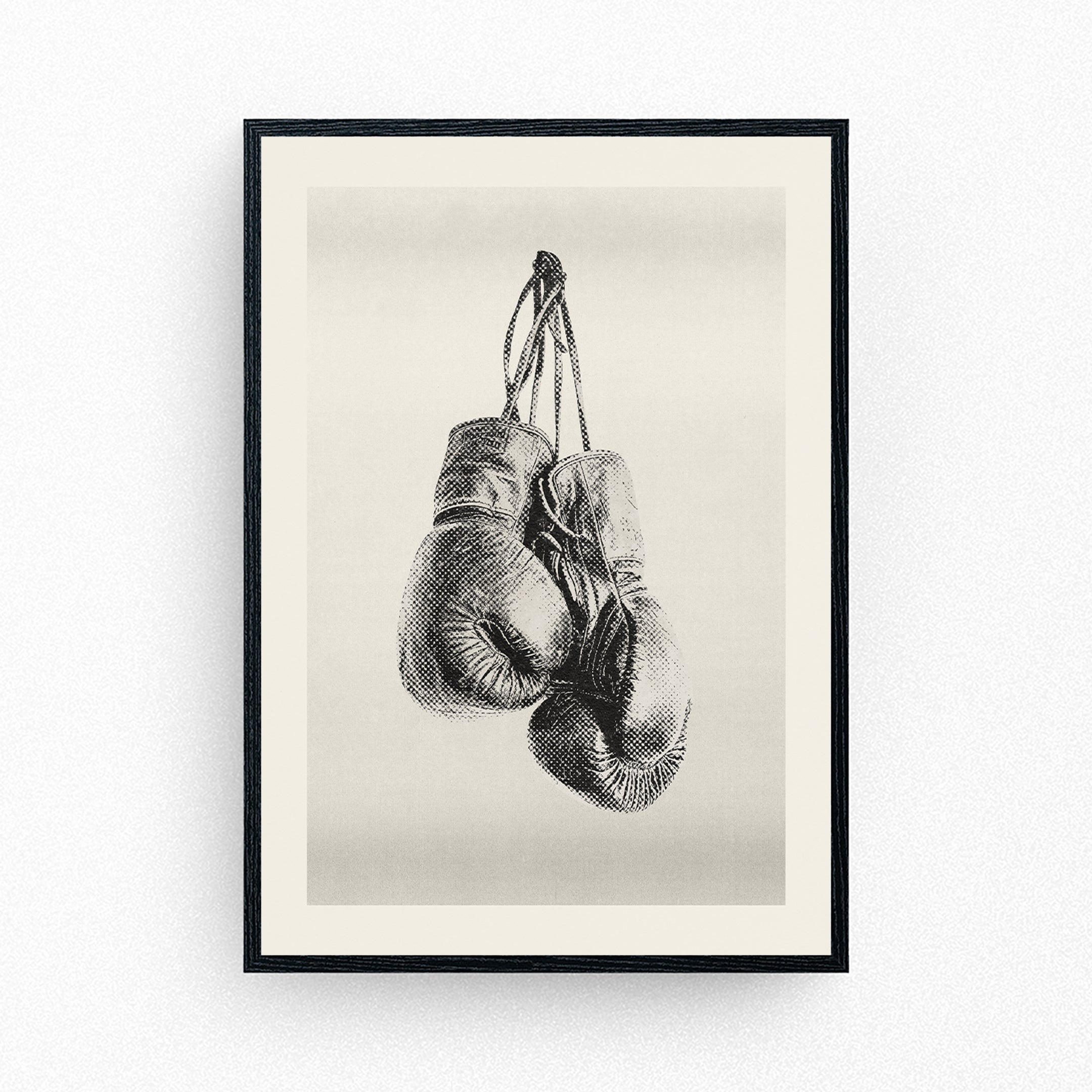 Black and white sketch-style poster of vintage boxing gloves hanging by their laces.