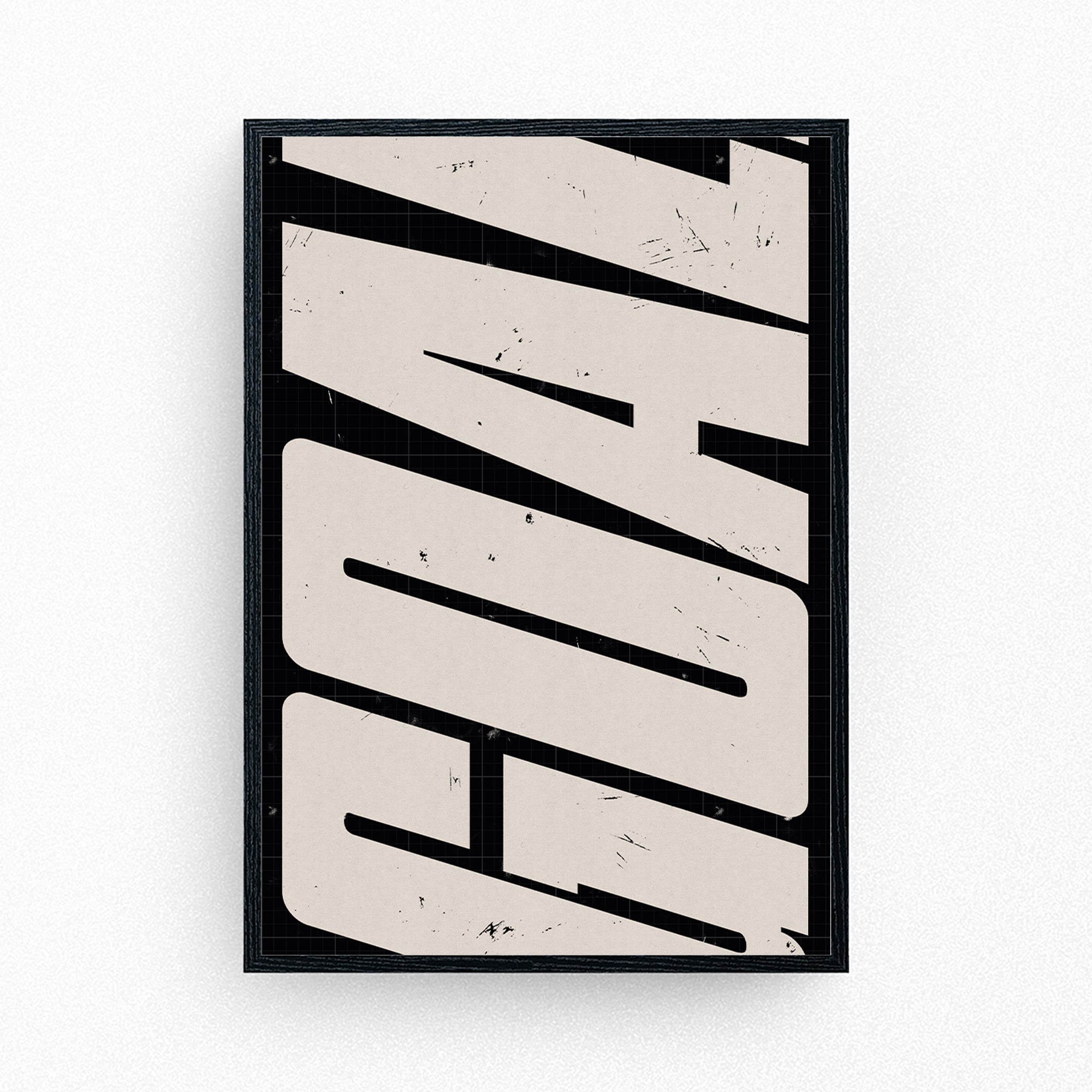 Framed football poster featuring bold distressed typography spelling the word 'GOAL' vertically in beige on black.