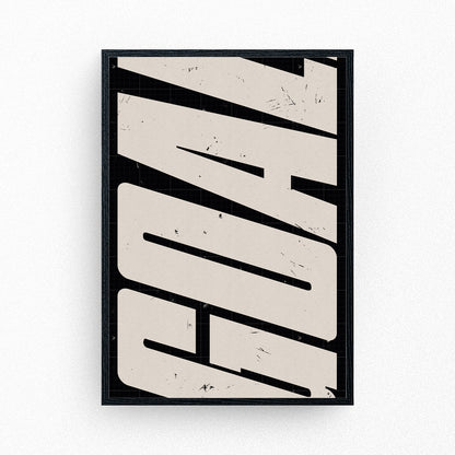 Framed football poster featuring bold distressed typography spelling the word 'GOAL' vertically in beige on black.