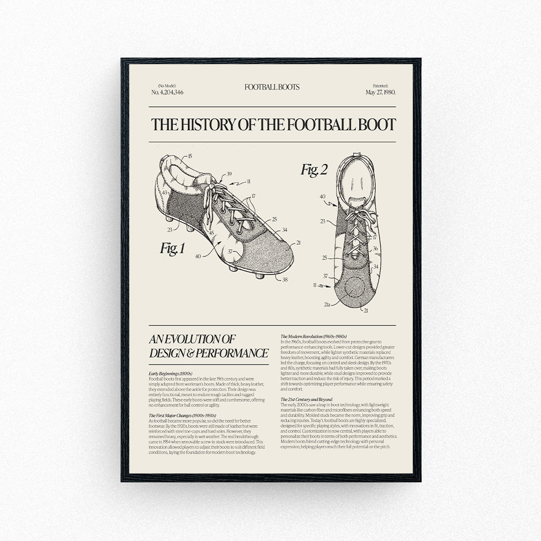 Framed football poster featuring patent-style sketches of a classic football boot.