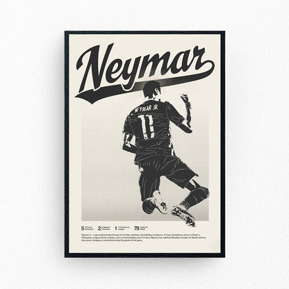 Framed Neymar football poster featuring a stylised silhouette of Neymar Jr. celebrating, with career stats and retro typography.