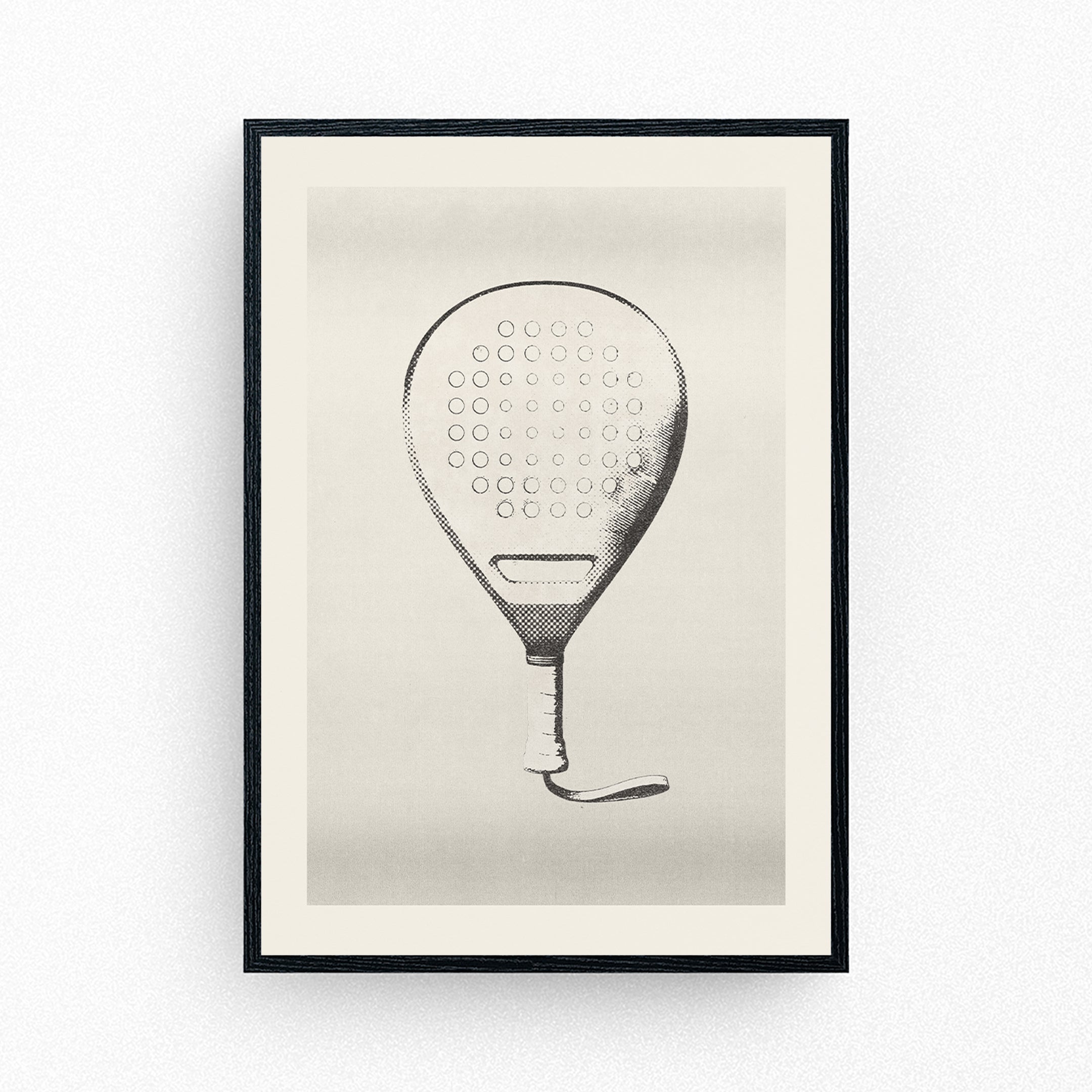 Minimalist padel racket poster in vintage technical illustration style, framed on a neutral background.