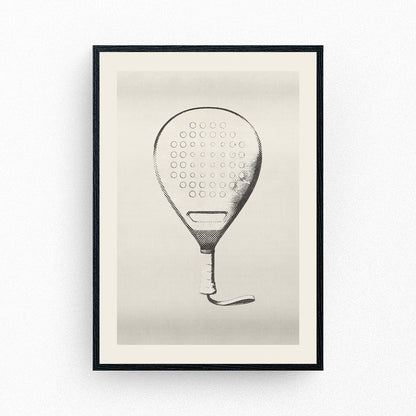Minimalist padel racket poster in vintage technical illustration style, framed on a neutral background.
