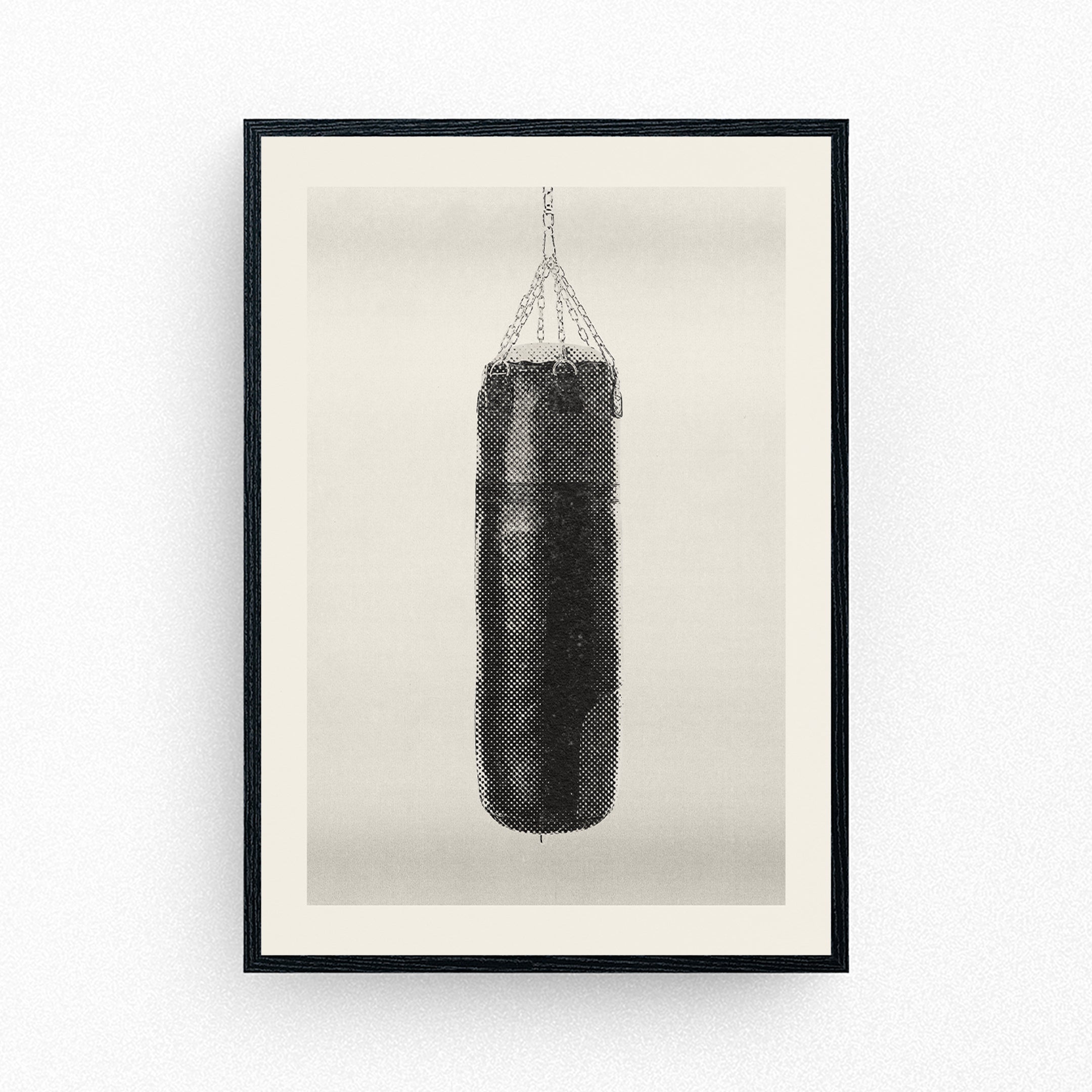Framed poster of a hanging punch bag in detailed vintage illustration style.