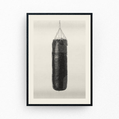 Framed poster of a hanging punch bag in detailed vintage illustration style.